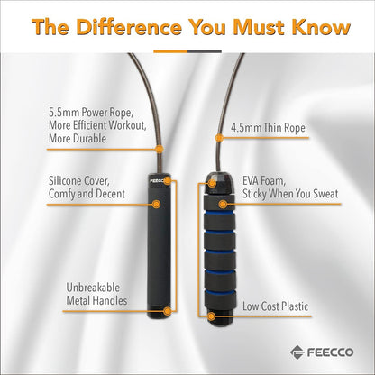 FEECCO 1/2 Lb Weighted Jump Rope for Boxing, Cardio, Crossfit Workout, 8~11Ft Range Adjustable Length Steel Ropes with Ball Bearings and Metal Handles, Suitable for Men and Women